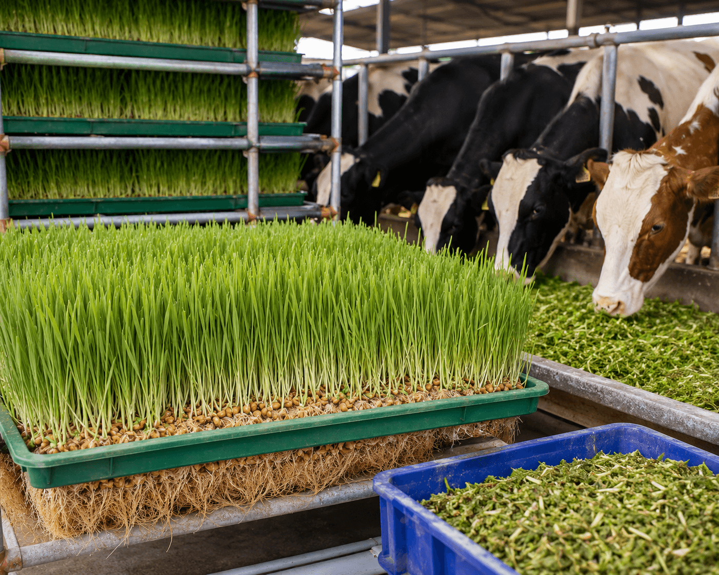 Hydroponic barley fodder ready for harvest in a dairy farm