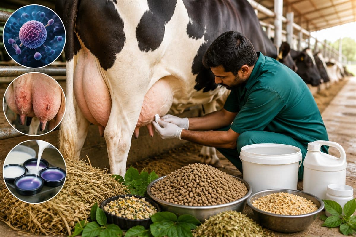 Indian dairy cow undergoing pre-milking teat hygiene — mastitis prevention