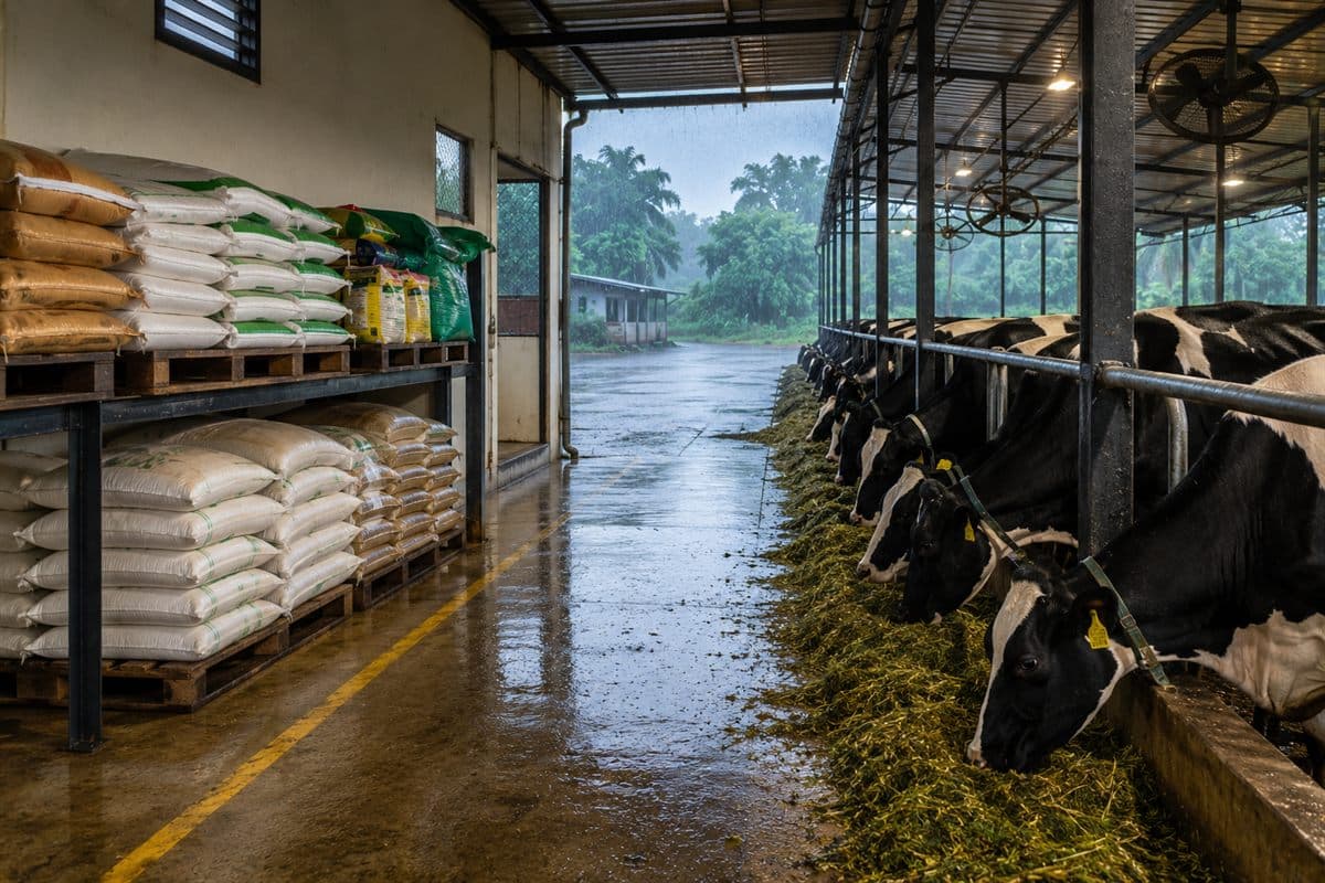 Indian dairy cattle in monsoon — wet shed and farmer working through the rainy season
