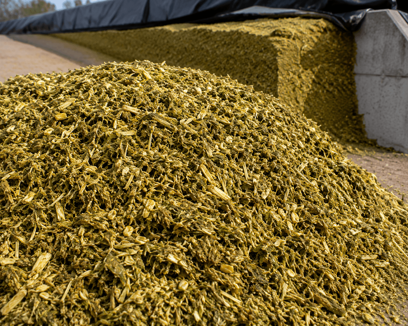 Maize silage being compacted in a bunker silo at an Indian dairy
